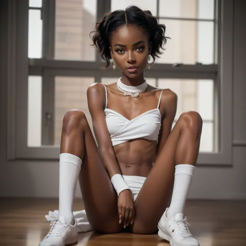 ((18 year old african girl:1.5)), (chocolate skin tone), light skinned, black girl, laying on her back on her bed in her room, flat chested, beautiful, small innocent face, young face, young petite body, wearing an oversized white shirt, wearing cute white slip with pink accents, straight black hair, pink neon lights, black choker, detailed face, ultra high details, luscious lips, petite body, rather small nipples, frayed ponytail, very skinny, detailed eyes, front view, knees to chest, legs slightly spread, wearing cute white socks, sneaker, full body, ((super detailed professional photography)), masterpiece, photorealism, DSLR camera, best quality, best resolution, with UHD resolution, perfect composition of light and shadows, the brightest image, clear focus, depth of field, skinny, perfect body, perfectly detailed skin texture, perfectly symmetrical face, perfectly detailed sparkling eyes, perfect highlighted hair, 32k, 30 mm lens, 1/250 s, f/2.8, ISO 300, big tits, perfect lights, ziprealism, detailxl, res, 8k, raw, photo, (clothing\), SEE, NOTES, <lora:Yana_Koshkina:.3>, <lora:weight_slider_v2:-1>, <lora:photorealistic02:.3>, <lora:Outfit_AsymNuCheongsam:.5>