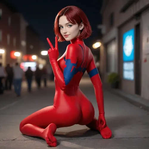 the woman is penny parker from marvel rivals, marvel rivals comics, 18 year old woman, 5 foot tall, small girl, big eyes, tight White and red spiderman bodysuit spidercostume, full body, perfect skin, perfect small tits, tight ass, very arched buttocks, very bandover, small hair, short hair, black and red hair with red lights, cabello negro corto con luces rojas, big blue eyes, making sign of peace and love, sexy smile, <lora:Cunnilingus XL:.4>