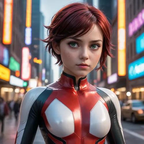 peni Parker de marvel rivals, peni tiene 18 años de edad, cara hermosa, (ojos claros), Green eyes, piel muy blanca, cuerpo completo., trasero grande, pequeña cintura, (traje de peni Parker rojo con blanco), cabello negro con rojo, . En una ciudad neón robótica del futuro., <lora:580159_training_data:1.7>, <lora:668315_training_data:.7>, <lora:Microwaist_XL_v01:.9>