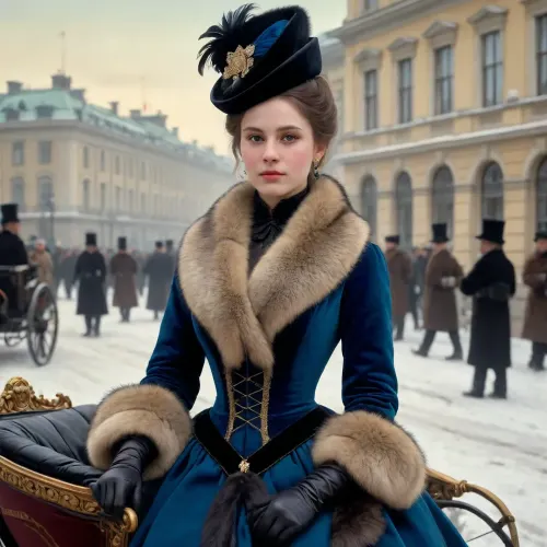 "Unknown Woman" is a painting by Russian artist Ivan Kramskoy, painted in 1883. The canvas depicts a young woman riding in an open carriage along Nevsky Prospect near the pavilions of the Anichkov Palace. The Alexandrinsky Theatre can be seen behind her to the right. She is dressed in the latest fashion of the 1880s. She is wearing a velvet hat with feathers, a coat decorated with fur and ribbons, a muff and thin leather gloves. Her look is regal, mysterious and a little sad. Her outfit, a "Francis" hat, trimmed with elegant light feathers, "Swedish" gloves made of the finest leather, a "Skobelev" coat decorated with sable fur and blue satin ribbons, a muff, a gold bracelet, all these are fashionable details of women's clothing of the 1880s, claiming expensive elegance.