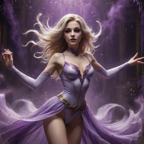 a woman dancing, the woman name is dagger, from Marvel Comics., (gorgeous face), appears radiant and striking, with long blonde hair, skinny body, small waist and a, (white costume that glows with energy. She emits a soft purple ethereal glow), she is a ballet dancer, she is dancing in a purple fog backgroud, ais-darkpartz, arlecchino_\, (genshin_impact\), <lora:Microwaist_XL_v01:1.5>, <lora:668315_training_data:.5>, <lora:580159_training_data:1.9>, <lora:Dark_Particles_Style_SDXL:.1>, <lora:arlecchino_new:.1>