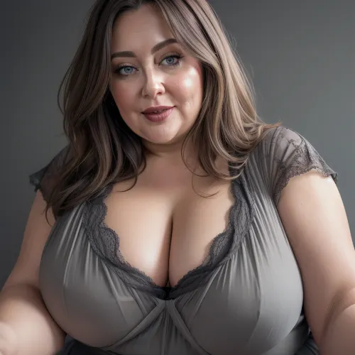 (Close-up:1.7), face focused, portrait photo a mature chubby woman, perfect face, fat oversized huge bosom, enormous limp hanging boobs, oversized lacy cloths, dreamy tulle, presenting bosom, fat round face, flushed cheeks, double chin, strong jawline, strong broad fat shoulders, fat strong arms, 50 years old Woman, blue eyes, (light brunette pixie haircut), (straight hair), joyful smile, looking at viewer, (solid dark grey background:1.3), low level shoot, film grain, style by Flora Borsi, OverallDetail, downblouse, loose, t-shirt, leaning, forward, (pokies:1.2), <lora:Lora_Srabonti2023-X4:.2>, <lora:downblouse-v1:.6>, <lora:weight_slider_v2:.8>