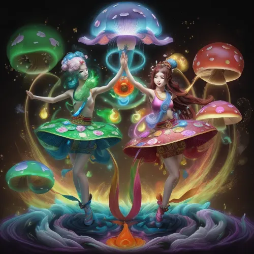 natural, ultra HD. misteria. kun fu. dzogochen. dao. depict a dancing mushroom as a living being, dancing in the style of kung fu and psilocybin hallucinations, and there should be swirling mist, sparks and magic.
