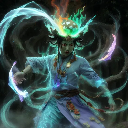 natural, ultra HD. misteria. djogochen. dao. trance. spirit. mist. tantra. demon. hell. supernatural. dancing mist-man mushroom as a living being, dancing in the style of kung fu and psilocybin hallucinations, and there should be swirling mist, sparks and magic.