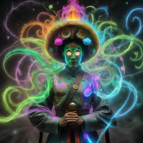 natural, ultra HD. misteria. djogochen. dao. trance. mist. tantra. hell. supernatural. dancing hologram mushroom-man as a living being, dancing in the style of kung fu and psilocybin hallucinations, and there should be swirling mist, sparks and magic.