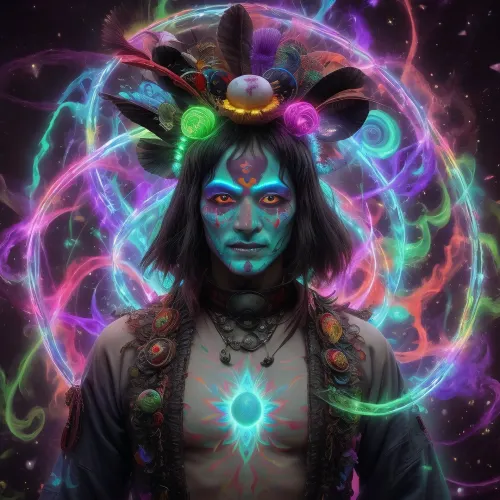 natural, ultra HD. LSD. misteria. djogochen. dao. trance. mist. tantra. hell. supernatural.vodoo shaman. dancing hologram mushroom-man as a living being, dancing in the style of kung fu and psilocybin hallucinations, and there should be swirling mist, sparks and magic.