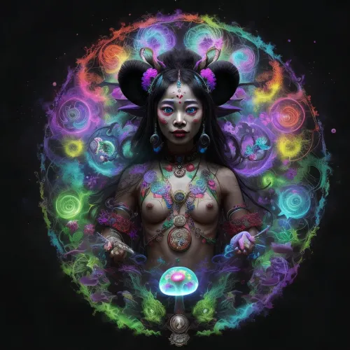 natural, ultra HD. LSD. misteria. djogochen. dao. trance. mist. tantra. hell. supernatural.vodoo shaman. dancing hologram mushroom as a living being, dancing in the style of kung fu and psilocybin hallucinations, and there should be swirling mist, sparks and magic.