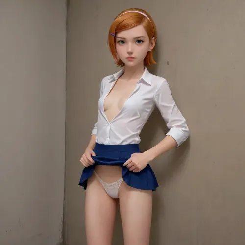 Gwen tennyson from ben10 in school uniform Leaning against wall sexy, wearing open white shirt, pulling up white lace thong, gwen, tennyson, (/Ben10), /, (ultra, HD, quality, details), bright, orange, (green, eyes), <lora:Gwen Tennyson (Ben10) - XL SCXL V1.0:.8>, microskirt, extremely, skirt, <lora:MicroSkirt_XL:.8>, <lora:278488_training_data:.8>, houjousatoko, short, hair, blonde, purple, eyes, hairband, large, breasts, <lora:houjousatokoXL1:.8>, flat, chested, <lora:flat_chested_v3.5:.8>