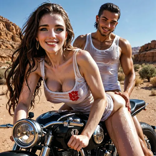 sex slave 23 year old norge, very tanned skin, brown straight long hair, grey eyes, sunny weather, shy charming smile, on a motorbike in the desert, wet large tank top, large, breasts, big, boobs, tits, <lora:bombshell_v2:.8>, a man is behind her on the saddle and fuck her in thé ass