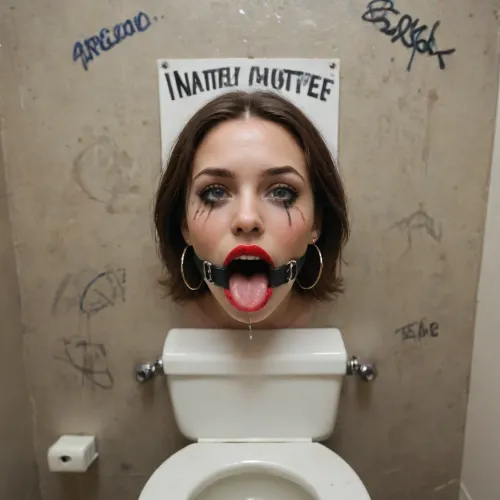 (human toilet in a bathroom), (woman stuck in wall mounted urinal:1.4), (only head visible:1.2), (look out of toilet:1.1), (pov:1), look up, bimbo face, red lipstick, slutty makeup, black pigtail, (questioning, unbelieving, raise eyebrow), (wide mouth spreader ring gag:1.2), (pissing cock:1.1), (piss in mouth:1.1), graffiti on walls, dirty surroundings, score_9, score_8_up, score_7_up, UHD 8K, masterpiece, best quality, maximum details, extreme realism, cinematic still