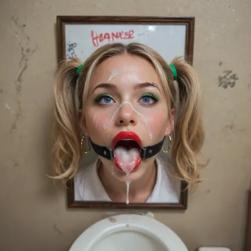 (human toilet in a bathroom), (woman stuck in wall mounted urinal:1.4), (only head visible:1.3), (picture frame around head), (bimbo face:1), (full lips, ash-blonde pigtails, pierced eyebrow, green eyeshadow, red lipstick, bright blue eyes), (pov:1), (happy, enthusiastic, excited, look up:1.2), (wide mouth spreader ring gag:1.3), (cum on face:1.5), (cum in mouth:1.3), graffiti on walls, dirty surroundings, score_9, score_8_up, score_7_up, UHD 8K, masterpiece, best quality, maximum details, extreme realism, cinematic still