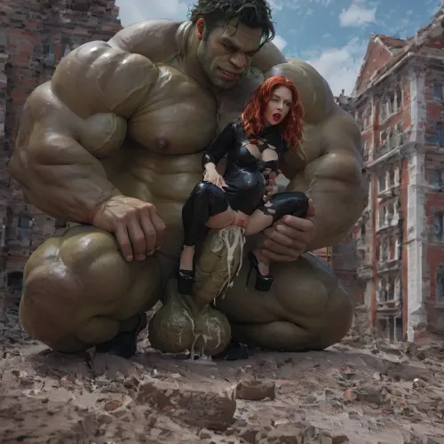 4k ultra-detailed: black widow's intense anal encounter with hulk - a savage, green creampie