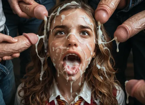 (detail Hermione Granger face), realistic cum, (cum on clothes), cum on, (Cum flows:1.5), (cum on body), cum on hair, (cum on face), bukkake, ((Clothes and body covered with semen)), (mouth wide open:1.4), (mouth filled with cum:1.5), beautiful face, (cum on hair:1.3), young adult woman