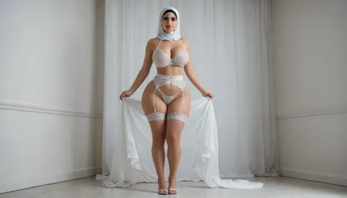 ebony, hijab, full body, photorealistic, white background, white marble walls, white marble floor, bright room, best quality, afterglow, 4k, award winning photo, extremely beautiful, perfect face, beautiful face, classy bimbo, seductive look, round face, round cheeks, pointy chin, sexy, model, gorgeous, stunning, front view, hyper wide hips, birthing hips, huge deep cleavage, round hips, huge ass, thick thighs, waist, fake waist, perfect waist, hourglass shape, looking at viewer, wet body, big tits, thigh gap, crop top lifted up, breasts exposed, breast implants, heart shaped ass, lingerie, garter belt, hyper ass expansion, thong, (back visible:1.3)