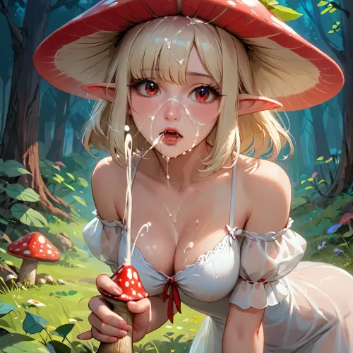 masterpiece, best quality, highly detailed, (anime:1.2), BREAK, (solo), giant red and white Amanita muscaria mushrooms on the ground, (magical old forest trees at night), ((a gorgeous 25 year old white blonde female elf)), ((holding a giant Amanita muscaria mushroom in both her hands, giving the mushroom a handjob, ejaculation, cumming, taking massive cumshot, facial)), (sexy elf princess), slim, athletic, gymnast body, pale skin, (natural b cup breasts), (very transparent see through dress short cleavage), (leaning forward), (downblouse), <lora:Animated_Concept:1>