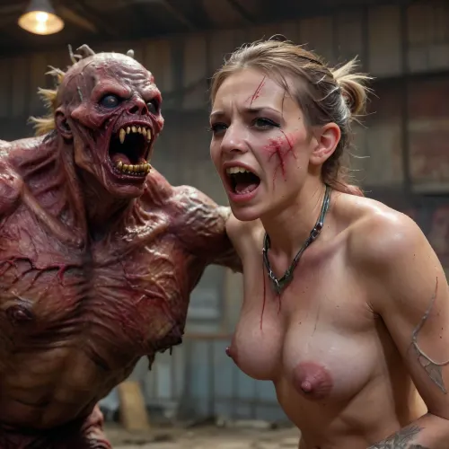 masterpiece, (((sexy face girl))), high quality, highly detailed, (tattoo on breast:1.6), (burn marks:1.4), (perfect skin holes:1.7), high resolution, 8k, ultra realistic, highly illuminated, intricate details, photo realistic, (bound naked young skinny woman with huge fake deformed boobs:1.5), (huge nipples:1.4), (bruise face), (lash marks:1.7), ((fighting against a meatsack monster in an abandoned factory:1.8)), bondage, restraint, hogtied, (metal collar neck:1.4), (struggle:1.5), ((chained boobs:1.4)), fx-monsters-xl-meatsack, (creature, monster:1.7), <lora:fx-monsters-xl-meatsack:.5>, <lora:tiedbreastsblue_XL_reg0_:.5>, <lora:eGirls_XL_v1:.8>