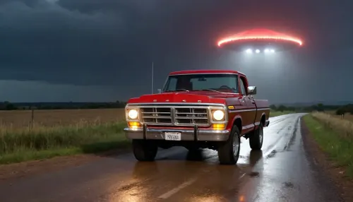 1970s red Ford pickup truck, night time, lights on, driving on a rural road, huge triangular UFO above it with bright white lights on each point, ultra bright light shining down on the truck from the centre of the UFO, raining