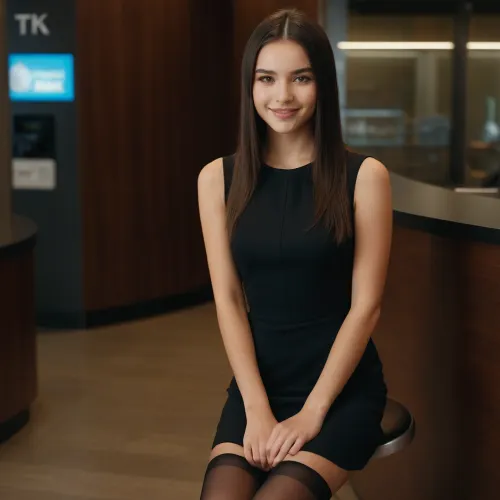 City Bank Setting, slim 20 years old girl, the Girl is a bank employee, (brown_straight_hair), elegant girl, tight dress, black dress, stockings, (((straight_hair))), smiling girl, shy Girl, upskirt