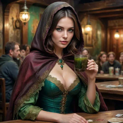 a Russian beauty milf, (dark brown hair, green eyes, medium breasts), rich aristocrat, incognito, in a black cape with a hood thrown over a rich dress, sits in a dirty dark tavern among drunken beggars. clay mugs, sexy cleavage, lace filigree of bright, rich color. Super clear, highly detailed watercolor, glaze technique, plus colored alcohol ink, style of V. Vasnetsov