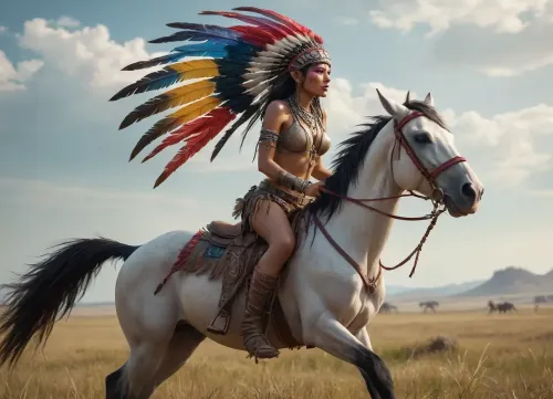 UHD, 4K, 8K, A young, beautiful, slender, topless Siox Indian woman with large, colorful Indian feather headdress and war paint rides a horse across the prairie, cyberpunk art, retrofuturism, by Lü Ji, cgsociety 9, nezha, very beautiful cyberpunk, cyberpunk, concept art feng zhu