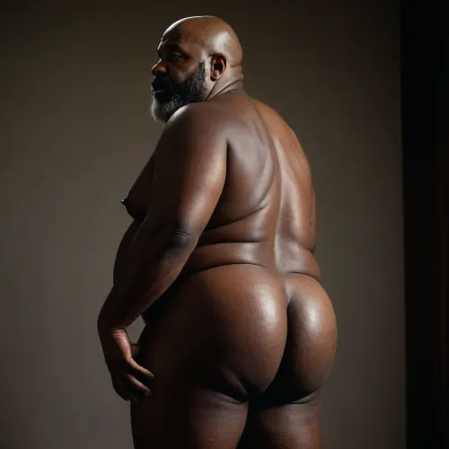 A 60 year old old big bellied fat black man with bearded, bald, tall, hairy dick, ass raised, nude, from the left view, full sight of the ass