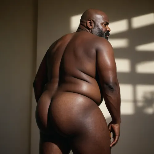 A 60 year old old big bellied fat black man with bearded, bald, tall, hairy dick, ass raised, nude, from the left view, full sight of the ass