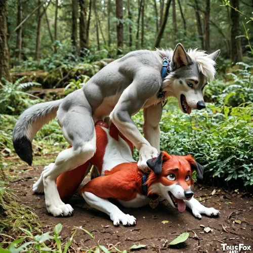 comic style, knot dog cock, analfucking, doggystyle, a gay furry redfox, a grey furry hound, the gay grey furry hound knotty analfucks doggystyle the gay red furry fox in the forest!, knotted analfuck, Stuck while fucking their asses, they stucked, double cumshot, <lora:01_Vortex_:.8>