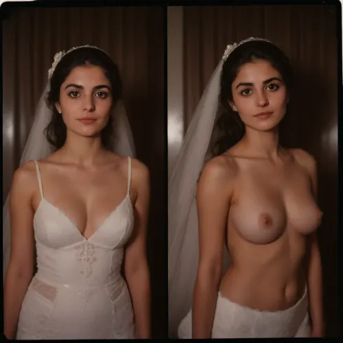 1980s, (((1980s ordinary Persian female bride))), Iranian wedding, vintage style image, amateur Persian model, natural face, amateur photo, brunette hair, average, 28 years old, (((picture taken with Polaroid SX-70:1.5))), (natural boobs), natural boobs, (full body in view), ponytail hairdo, (same person, same pose, same angle), (2Split screens, 2split views, onoff:1.2), (wearing 1980s very skimpy lace wedding dress), (wedding ceremony background), BREAK, facialized, superfacialized, <lora:OnoffXL_ExtraCrispy:.9>, <lora:facialized:1.5>