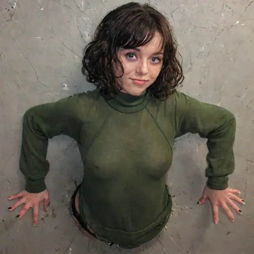 (photo realistic:1.2), (highly detailed skin), 1girl, long sleeves, small breasts, short dark hair, curly bobcut, wavy hair, looking at viewer, sweat, (dark emerald green cashmere pullover:1.2), (emerald green jumper:1.3), trapped_in_wall, stuck, in, wall, (realistic hands, 5fingers per hand), (lower body stuck in a hole in the wall:1.5), (only upper body protruding from wall)