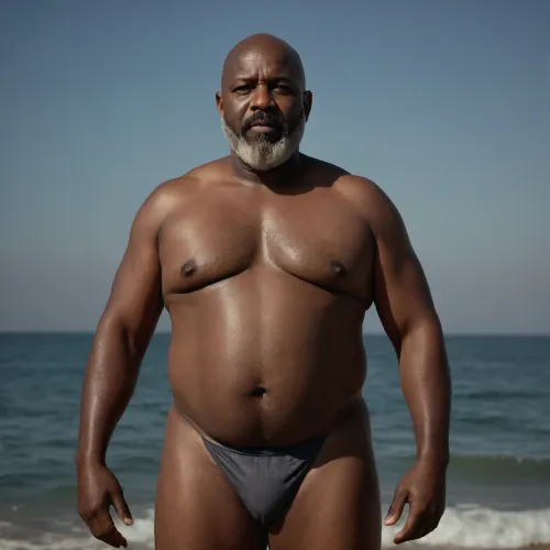 A 55 year old bald fat big bellied black men, grey bearded, wearing a big Speedo with visible pubic hair coming out from the sides of the Speedo