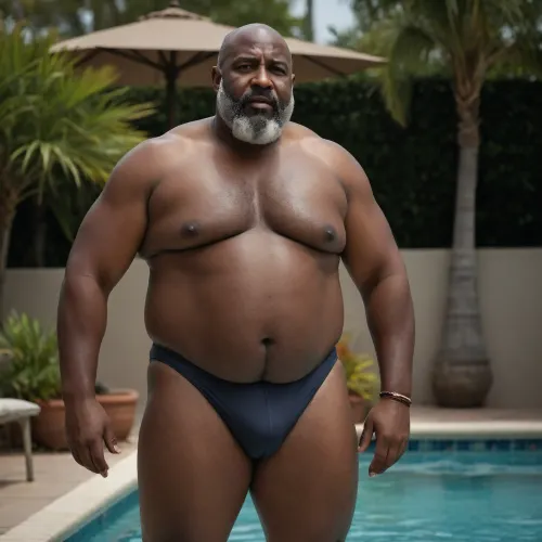 A 55 year old bald fat big bellied black man, grey bearded, big ass, wearing a big Speedo with visible pubic hair coming out from the sides of the Speedo, full body, view from the sides