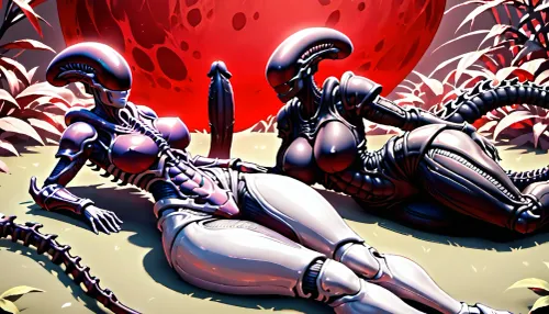 dark dry earth under a bright red moon, little moon, land without plants, ashes fly, xenomorpg girl in knight's armor, the color of the armor is red, armor copies the ideal curves of the body, lying on the grass, big tits, big hips, in front next to the xenomorph there is a huge dildo lying on the ground, huge dildo, (dildo size:1.2), he character is looking at the viewer, view is sideways.