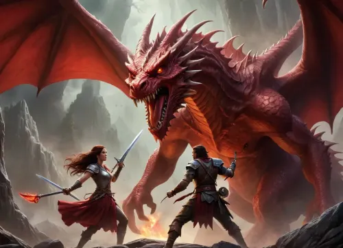 show me award winning Dungeons and Dragons cover art of a man and a woman battling a red dragon
