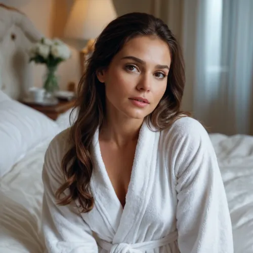 rises from bed, slipping on a robe