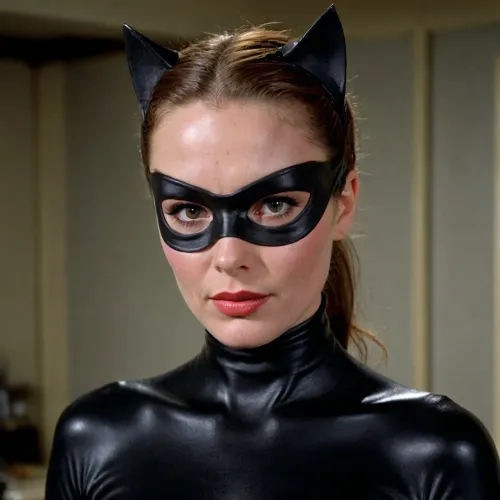 40 plus, German, (broad face), (milf), long brown ponytail, ((huge brown eyes)), tall, natural tits, (moles), (freckles), science laboratory, (1966 Catwoman costume:1.3), (black robin eye mask:1.2), portrait