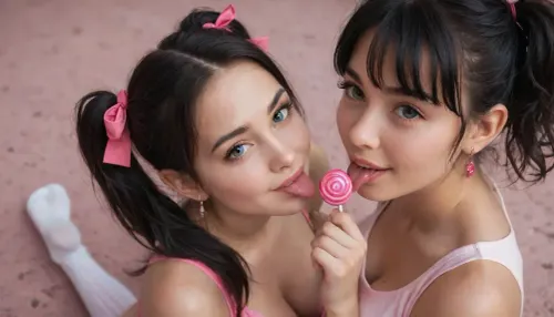 close view from above, two 18 year old innocent cute sporty girls, huge breasts, DD breasts, (((black hair))), (pigtails), (pink ribbons), (((pink clothes))), (((pink and white stripes high socks))), (licking a lollipop), (innocent smile), (standing), (barefoot), close-up view