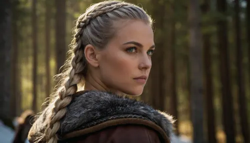 Masterpiece, realistic photography, ultra-realistic, detailed body, detailed face, realistic body, realistic face, green eyes, detailed eyes, realistic eyes, catchlight, angelic face, viking warrior, viking woman hairstyle, 30 years, viking braid, silver hair, serious look, look away, 3/4 view, side view, face slightly turned, towards the horizon, snowy landscape, background, peaceful face, fur hood, hood put on, woman, viking, fur collar, detailed leather cloak, Norse style fabric, cinematic fabric folds, viking outfit, realistic outfit, war painting, close-up face, cinematic blur, viking camp, snowy mountains, pine forest in the background, background blur, large format