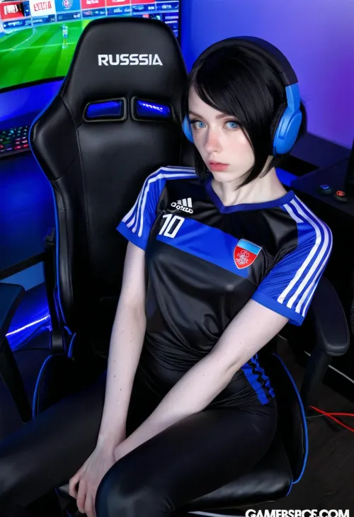 Streamer, A 28 years old japanese woman, sitting on a gamer chair, headphones, soccer jersey of Russia, sad, very white and pale skin, big lips, blue eyes, thin, inverted bob cut, square face, black hair, black leggings, freckles, masterpiece, insanely detailed photo, detailed skin texture, middle body view, small lips, dark gamer room, hyperrealistic photo, full hd, 8K