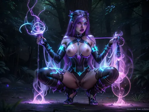Mystical girl, magic 2girl, lesbian, 18 year old witch, intense magic lust expression, black and purple pearl hair, long straight hair, huge purple eyes, eyes glow purple, glowing gas, cauldron with cyan boiling liquid, purple gas glows above the cauldron, mystical inverted bottle, (squatting with magical inverted giant soda bottle deep in ass:1.2), (deep giant anal bottle:1.2), (deep giant anal penetration:1.2), (large erect nipples), (large purple areola), perfect hands, perfect fingers, flat chest, realistic skin, candles burn cyan, masterpiece, photorealistic, best quality, high resolution, ultra detailed, barefoot, hands behind back, (detailed gaped pussy), (outside in forest), mystical Aura, purple and cyan atmosphere, neon lake in background, glowing fog, Bright glows, many orb Auras, cyan and purple glows, cyan glows, purple glows, (/Ben10), (ultra, HD, quality, details), (purple, eyes), zavy-hrglw, ral-mytfrst, GlowingRunes_red, GlowingRunes_paleblue, GlowingRunes_green, GlowingRunes_purple, GlowingRunes_yellow, GlowingRunes_pink, l2lightweapon, glow-forest, <lora:GlowingRunesAIv4-000005:.3>, <lora:lightweapon2:.3>