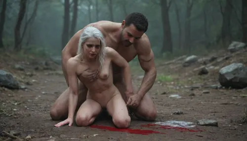 The image is an illustration of a woman, being violently raped and strangled by a black muscular naked man. Her clothes are tore apart. She has long white hair and she is dead. Her eyes are large and green and lifeless. full view, full body, naked, murder, death, blood, gore, hardcore. looking at camera, action, lifeless, lifeless body, kill, killed, assasinated.