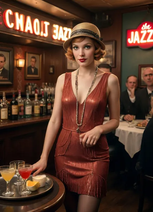 vibrant Flapper Dress, ginger bobbed hairstyle, cloche hat, silk tights, long beaded necklaces, she is working in a nightclub as a hostess, she is holding a serving tray filled with cocktails, she is busy serving packed tables while a crowd watches an enthusiastic jazz band perform, the bar is filled with high energy excitement, Masterwork, masterpiece, award winning photo, photojournalism, cinematic lighting, quality face, detailed face, drama, dynamic pose, highly detailed, best quality, perfect rendering, score_9, score_8_up, score_7_up, detailed texture, sharp focus, brilliant contrast, detailed skin texture, highly detailed body, high resolution, maximum detail, 1930s, (style), 30s, hair, Vintage, retro, Archive, photo, jazz, b4r, <lora:Vintage style - XL 1930s SDXL v1.0:1>, <lora:jazz_b4r:1>