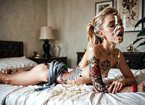 score_9, score_8_up, score_7_up, score_6_up, (beautiful blonde Dva), realistic blonde hair, lying on bed, bound legs and arms like a slave, full body tattoo, slavegirl, side view, a male is pissing and cuming on her chest and mouth, black guy fucks her ass, pissed in face and mouth, (cumshot:1), (excessive cum:1), moaning, (shaved pussy:1), bedroom, hetero, short thik dick, cum on breasts, cum on face, flat chest, skinny girl, <lora:piss_in_mouth_deepmind:1.2>