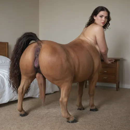 female centaur, realistic, from behind, hairy equine pussy, equine anus, seductive, bedroom eyes, in heat, hooves, looking over shoulder, big ass