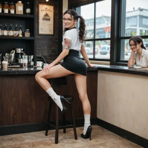 18 year old girl, British, Beautiful, barista, innocent looking, half smile, eye contact, black hair, shirt open to show breasts, messy pigtails, perfect small breasts, long legs, athletic, legs spread wide open, ass hole wide open, pubic hair, tattoos, high heels, white ankle socks, black skirt, choker, glasses, standing up, looking back, one foot up on a chair, rear view, leaning forward, in cafe, masterpiece, photo realistic, best quality, full color