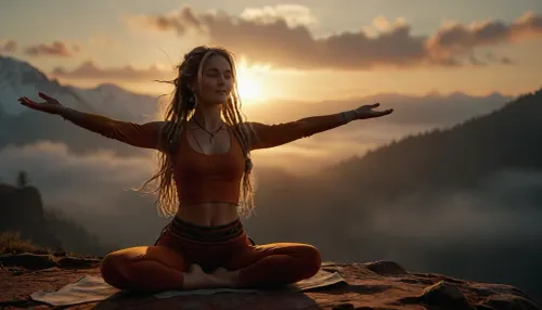 (warm ambient light:.5), Full body view of a slim, flat-chested blonde woman doing morning Yoga against the breathtaking backdrop of the Tibetan mountains. silent smile, She is dressed in 70s hippie clothing, with dreadlocks, perfect hands, perfect posture, and a perfect face. she looks invitingly hot, realistic matte skin, skin texture visible, A morning mood, mist over the mountains, and morning dew. peacefully, (photorealistic:1.5), 8k, UHD, strong sidelight, contrast, tack sharp, slim, petite, shadows on skin, (sharp focus), (high quality), (face visible), RAW image, Canon EOS. R3, DSLR photo, best quality, (realistic skin, photo-realistic:1.2), ultra high res, UHD 8K, extreme realism, maximum detail, sunlight_str1, cloudy, smoke, atmospheric, clouds, fog, <lora:sunlight_str1-SDXL_v1-dim64-steps1691:.8>, <lora:MJ52:.8>, <lora:Cloudy_Style:1.3>