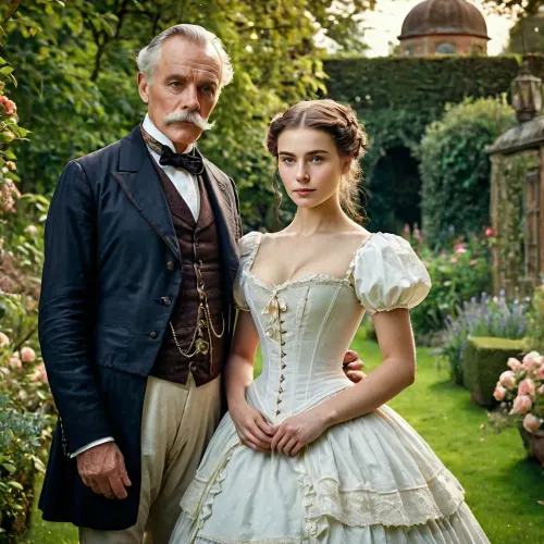 Photography in style of a 19th century couple portrait, of one older gentleman and his young mistress, in a lordly garden.
The man is dressed like a rich 19th century gentleman, wearing a suit, monocle, top hat, mustache. On his side is a petite, young woman, wearing a corset, stockings.