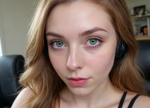 (18 Year old gamer girl:2), (headphones, twitch streamer, sitting in a gamer chair:1.5), (Irish, pale skin, freckles, freckles on face), (web cam snapshot, portrait, face portrait with emphasis on her eyes, close up of face, fisheye lens:1.5), (ring lighting, ringing lighting reflected in eyes), (Scandinavian and Irish features), (photorealistic, photo realistic, photorealism, photo realism:1.8), (4k, 8k, 8k resolution, best quality, ultra quality, highest quality, maximum quality, uncompressed, raw source photograph:1.2), (same color eyes, symmetric eyes, matching eyes, detailed eyes, detailed iris, detailed pupils, limbal ring around iris, perfectly round iris, perfectly round pupils:1.4), (detailed skin, high detailed skin, intricately detailed skin, perfectly detailed skin, high quality skin, highest quality skin, exquisitely textured skin), (intricate clothing, detailed clothing), (microblade eyebrows, perfectly manicured eyebrows), (flushed cheeks, flushed neck, blushing cheeks, blushing neck), (overfilled lips, juicy lips, filled lips, puffy lips, glossy lips, her thick wet lips are slightly parted, nervously biting lower lip, lip bite, lip biting), (casual makeup, subtle makeup, natural makeup), (narrow jaw, delicate jawline, pointed jaw and chin, heart shaped face, pixie face, fairy face, fae features, extremely feminine face, round face, chin, mouth, high cheekbones, sharp cheekbones, faint vellus hairs, cute tall tall tall dimpled cheeks), (upturned button nose, upturned nose, delicate nose, nose), (long hair, wavey hair, loose hair framing her face, messy hair, tousled hair, bed hair, sex hair, dark ginger hair with dark roots), (eyes slightly crossed, big eyes, wide eyes, doe eyes, slightly wide set eyes), (striking eyes, captivating eyes, mesmerizing eyes, fae eyes), (pale green eyes with golden flecks), (huge breasts, large breasts, large natural breasts), (athletic body, sporty body, lean body, muscular body, muscle shoulders, defined shoulders, rock climber body), (close up portrait of face, tight closeup of face, closely zoomed in on face, tight in on face, extreme closeup), (looking straight into the camera, looking straight ahead, head slightly raised, gazing lovingly straight into the camera, looking down on her from above), (she's in love, adoring gaze), (no nudes, nonnude), (relaxed posture, casual pose, casual outfit, casual attire, casual underwear), (loving expressing, adoring expression, joyous, joyful, pleased), (girlfriend, girlfriend material, girlfriend experience)