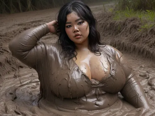 (subject, a asian nude fat bbw woman with big tits and short black hair lying doggystyle in a mud pit, description, her body, face, and hair are covered in mud, viewed directly from the front, front view, she is looking into the camera, style/aesthetic, dark, intense, hair is completely covered with mud. and dramatic with a realistic photography style), plus size, covMudTI, mud, <lora:dirty_mud_v0.4:.3>, <lora:Real BBW V1:.5>