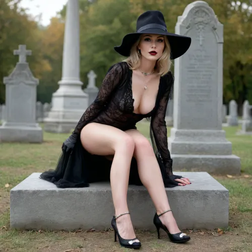 photo from afar of a dark cemetery lighthe from torches, full body hairy pussy view, perfect very long legs, 66 yo. elegant noble lady, very straight dark balayaged blond hair, wrinkled deanna troy, diamong necklace, diamond earrings, belly gold chain, sitting one leg apart on abonnet of a grave gravestone, under a long black wedding dress she is naked and show it, black large brimmed hat, black transparent detailed wedding dress, black hat, black wedding dress, black veil, long gloves, night satanic ritual, she has natural hairy pussy, wrinkled deanna troy face show her pussy, ugly face, sex hungry, dark lipstick spreaded legs, snake tattoo on the arch of one feet, anklet, legs on bonnet, outdoors, wrinkles on her neck, her wrinkles on face, she gently moves to one side dress to show hairy pussy, high heels