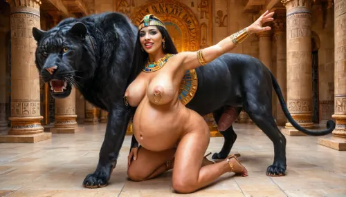 (Cleopatra is a extreme beautiful young girl 18yo, main hero character), (perfect young face:1.3), (beneath a wild HORNY panther:1.3), (being fucked by a wild panther in the pussy), (fucking panther's dick:1.3), (doggystyle), luxurious TEMPLE, (at Ancient Egypt detailed CROWDED FERTILITY TEMPLE), pleasure, horny moaning, (fetish, zoophilia, bestiality, impregnation), (perfect beautiful face:1.3), (perfect beautiful breasts:1.2), (tattoos:1.4), (nipple rings:1.4), (very long black hair:1.5), (smooth brown skin:1.3), (perfect mouth), (perfect teeth), (perfect BIMBO body), (perfect beautiful eyes), (perfect nipples), (perfect beautiful hands and feet), (perfect smooth shaved pussy), (perfect Egyptian makeup), (realistic creampie:1.1), PREGNANT BY PANTHER, (masterpiece, real image, hyper realistic:1.5), (perfect image, no errors), 8K, full body view, (slutty golden anklet:1), (real bestiality impregnation:1.1), ancient Egypt, puffy, nipples, dark, wide, ancient, Egyptian, thr0n3, r00m, <lora:Nipples XL:.8>, <lora:ancient_Egyptian_thr0n3_r00m:.8>